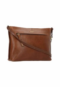 Borsa a tracolla in pelle marrone con tasca frontale con zip, texture liscia e tracolla regolabile. Presenta un logo goffrato discreto.