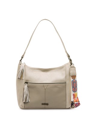 Sac à bandoulière en cuir beige avec poche avant à fermeture éclair, franges en cuir blanc et bandoulière amovible colorée brodée.