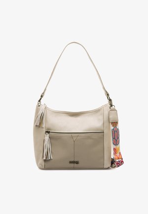 Borsa a tracolla in pelle beige con tasca frontale con cerniera, nappine bianche in pelle e tracolla rimovibile ricamata e colorata.