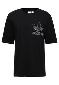 Černé bavlněné tričko s kulatým výstřihem, krátkými rukávy a bílým vyšívaným logem Adidas s motivem trojlístku na levé straně hrudi.