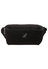 Sac banane en tissu noir avec fermeture éclair à l'avant et petit patch logo dinosaure brodé au centre.
