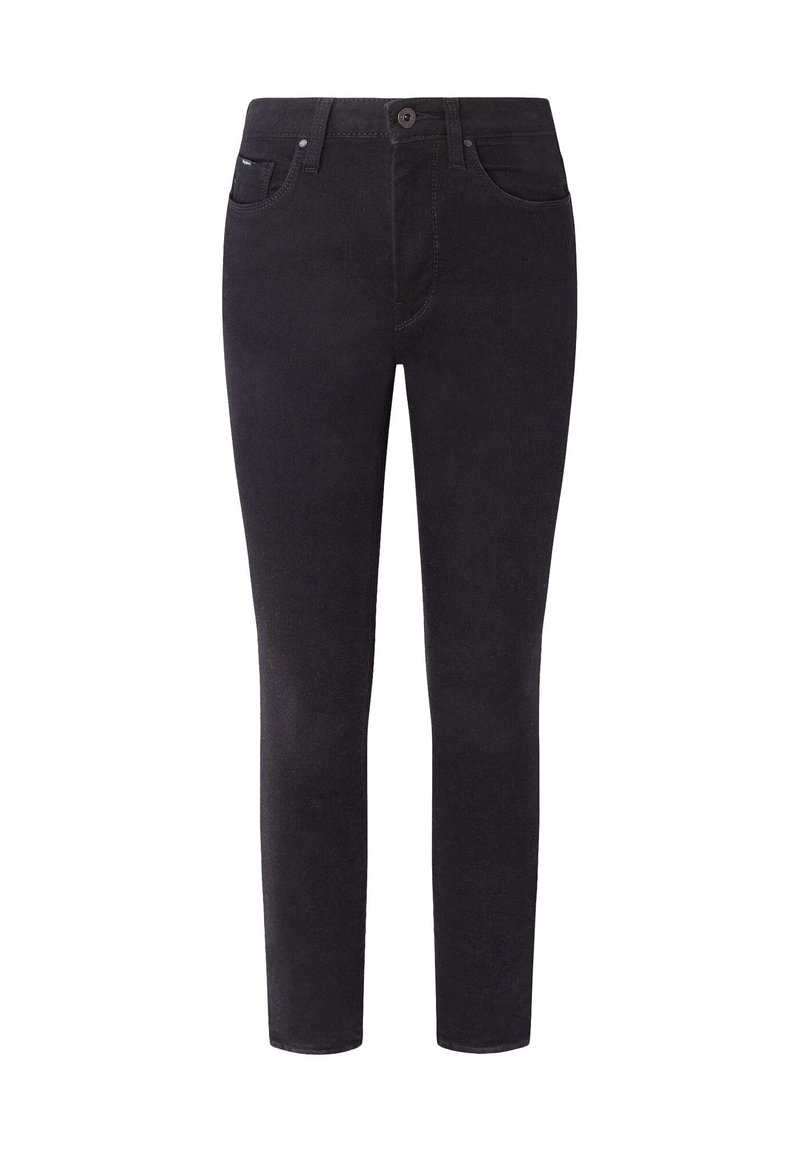 Schwarze Denim-Jeans mit schlankem Schnitt, Fünf-Taschen-Design, Knopfverschluss und subtilen Stichdetails. Die Oberfläche hat eine glatte Textur.