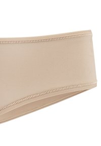 Beige színű, varrat nélküli derékpánt, amely rugalmas anyagból készült. Tiszta szélek jellemzik, diszkrét varrással és sima textúrával. Mindennapi viseletre alkalmas.