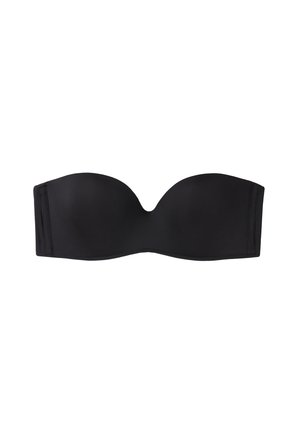 Soutien-gorge noir sans bretelles en tissu lisse, avec des bonnets moulés et sans armatures. Présente des bords sans coutures et un léger creux à l'avant central.