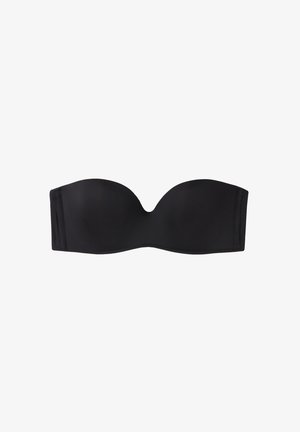 Soutien-gorge noir sans bretelles en tissu lisse, avec des bonnets moulés et sans armatures. Présente des bords sans coutures et un léger creux à l'avant central.