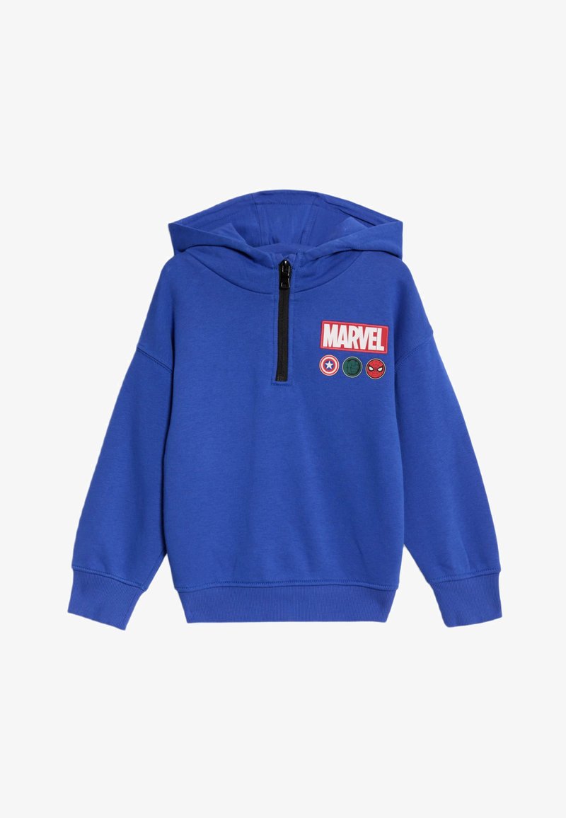 Sweat-shirt à capuche bleu avec une demi-fermeture éclair, des poignets côtelés et un patch logo à l'avant avec des personnages Marvel : Captain America, Hulk et Spider-Man.
