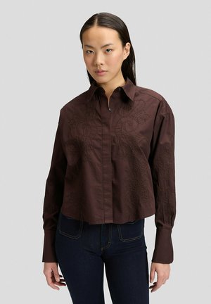 Donna dai capelli lisci e scuri indossa una camicia marrone ricamata a maniche lunghe e jeans scuri, in piedi contro uno sfondo grigio chiaro semplice.