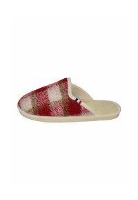 Red and white checked fleece slipper with a beige soft interior and a retro-style cut; features a small tricolor accent near the opening.