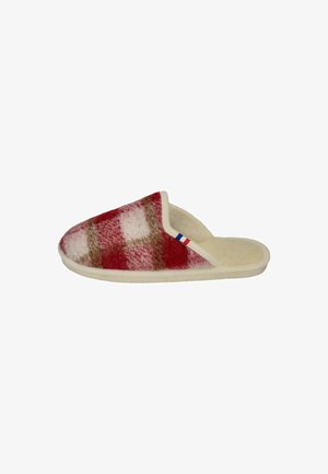 Red and white checked fleece slipper with a beige soft interior and a retro-style cut; features a small tricolor accent near the opening.