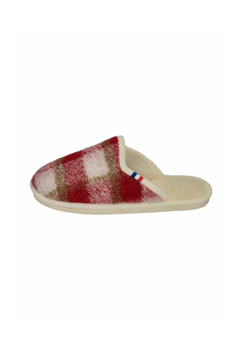 Red and white checked fleece slipper with a beige soft interior and a retro-style cut; features a small tricolor accent near the opening.