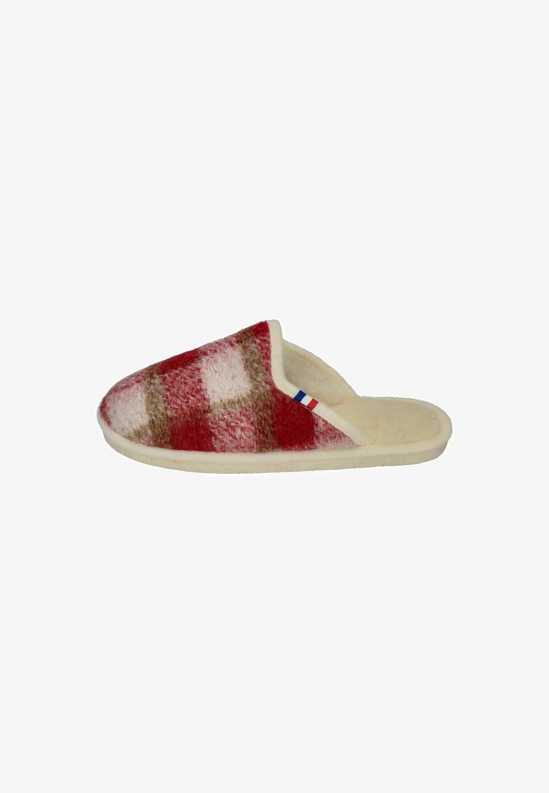 Red and white checked fleece slipper with a beige soft interior and a retro-style cut; features a small tricolor accent near the opening.