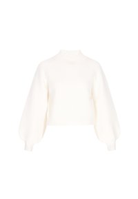 Afskåret hvid sweater lavet af ribstrikket materiale, med høj hals og ballonærmer. Simpelt design uden synlige mønstre eller detaljer.