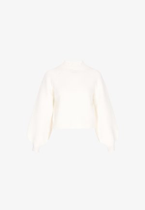 Pull blanc cropped en tricot côtelé, avec un col montant et des manches ballon. Design simple sans motifs ni accents visibles.