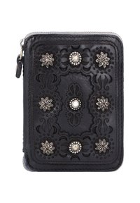 Zwarte leren portemonnee met reliëf bloemenmotieven en zilverkleurige studs. Voorzien van een ritssluiting en afgewerkte stikdetails.