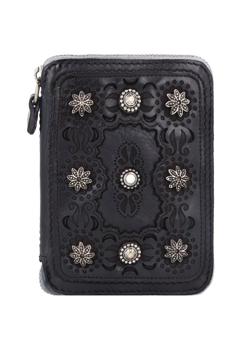 Zwarte leren portemonnee met reliëf bloemenmotieven en zilverkleurige studs. Voorzien van een ritssluiting en afgewerkte stikdetails.