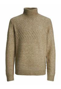 Maglione beige a maglia con colletto alto, caratterizzato da un motivo testurizzato e righe orizzontali sul petto e sulle maniche. Tessuto durevole e caldo.