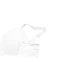White bra featuring smooth, round cups, adjustable strap, and soft fabric. The band has gathered detailing for added comfort.
