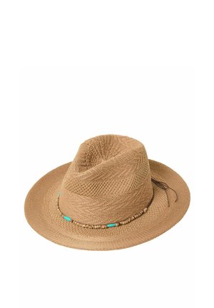 Hut mit breiter Krempe aus hellbraunem Stroh, mit strukturierter Webart und einem dekorativen Perlenband mit türkisfarbenen Akzenten.