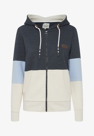 Marineblå og kremfarget zip-up hettegenser med fargeblokkede paneler, med hette, snorer og en brun skinnlogo.
