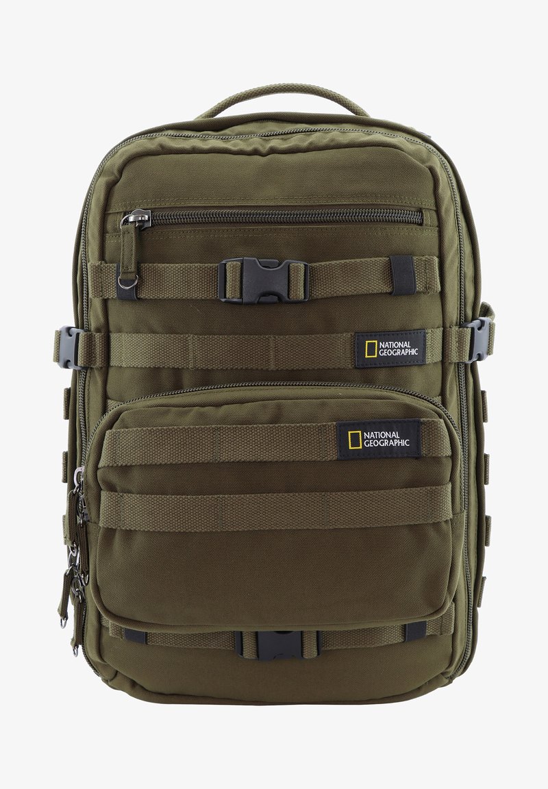 Olive green backpack with multiple small pockets, adjustable straps, and a top handle. Features durable fabric and National Geographic branding.