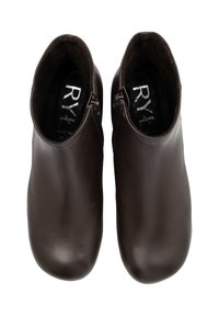 Brown leather ankle boots with a smooth finish, featuring side zippers and rounded toes, viewed from above. Interior lining is dark fabric.