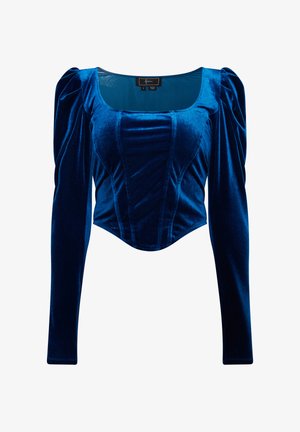 Langärmliges Oberteil aus blauer Samt mit einem quadratischen Ausschnitt, gerafften Schulterdetails und strukturierten Nähten für eine taillierte Silhouette.