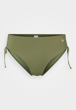 Oliwkowy dół bikini z wiązaniami po bokach, gładka tekstura, wysoki krój i mały złoty emblemat z przodu.