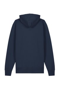 Marineblauwe hoodie met lange mouwen, voorzien van geribbelde boorden en tailleband, gezien vanaf de achterkant op een witte achtergrond.