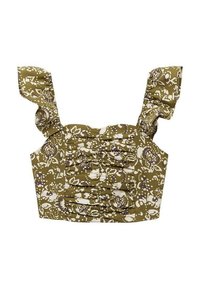 Top corto verde oliva con stampa floreale bianca, spalline arricciate e dettagli raccolti sul davanti. Tessuto leggero.