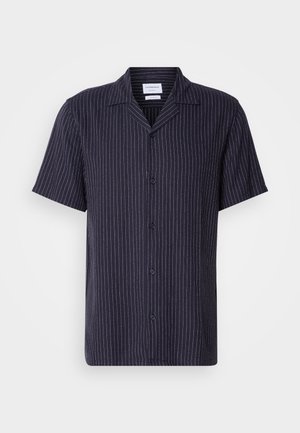 Navy short-sleeve shirt with white vertical stripes, classic collar, and front buttons; features a relaxed fit and lightweight fabric.