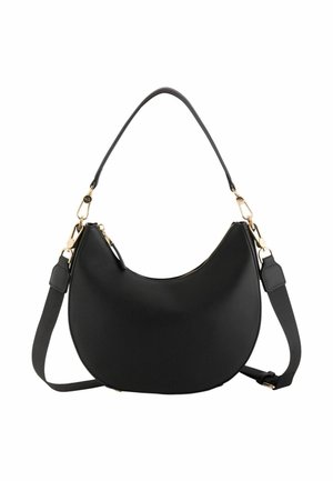 Sac à main noir en forme de croissant avec finition texturée, quincaillerie dorée, et deux sangles réglables — une poignée courte et une bandoulière plus longue.