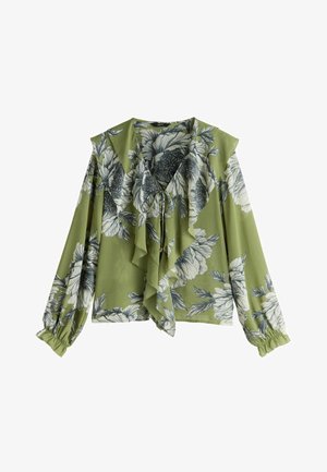 Zielona bluzka w kwiaty z falbanką z przodu, długimi bufkami na rękawach oraz wiązaniem przy dekolcie. Wykonana z lekkiego materiału o gładkiej fakturze.