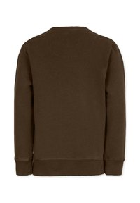 Tummanruskea huppari, pyöreä kaula-aukko, pitkät hihat, ribbaatut hihansuut ja helma, yksivärinen, pehmeä kangas, sileä pinta, ei kuoseja tai yksityiskohtia.