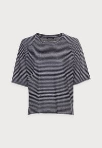 Camiseta de manga corta a rayas en azul marino y blanco con cuello redondo, que presenta un ajuste relajado y una textura suave.