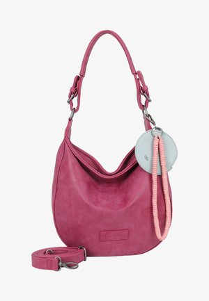 Pink leather shoulder bag with a slouchy shape, silver hardware, and a detachable strap. Features a round tag with pink rope detail.