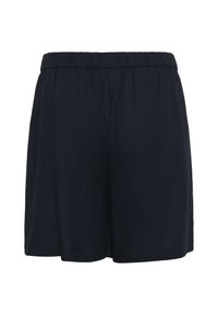 Navy blue shorts made of lightweight fabric, featuring an elastic waistband, relaxed fit, and no visible patterns or embellishments.