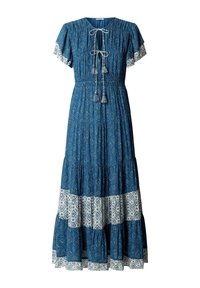 Blauwe maxi-jurk met patroon, korte mouwen, elastische taille, witte randprint en een strik met kwastjes aan de halslijn.