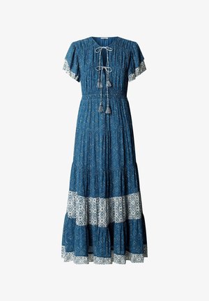 Modra maksi obleka z vzorcem, kratkimi rokavi, elastičnim pasom, belim obrobnim tiskom in sprednjo zavezavo z cofki na izrezu.