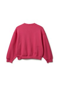 Felpa a maniche lunghe rosa brillante con colletto girocollo, con polsini e orlo a costine, vista da dietro su uno sfondo bianco.
