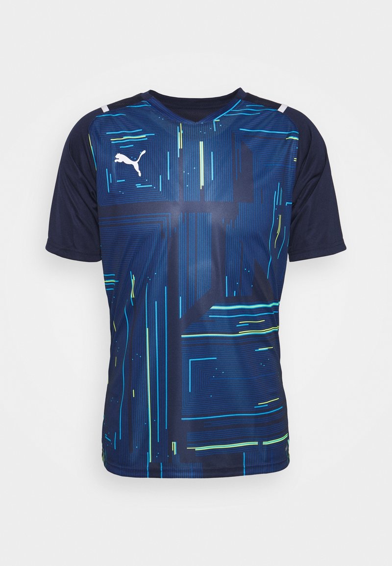 Granatowy sportowy T-shirt z krótkim rękawem, ozdobiony geometrycznymi neonowymi niebieskimi i zielonymi liniami oraz białym logo Puma na piersi.