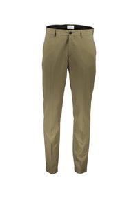 Beżowe spodnie chinos o wąskim kroju, z płaskim przodem, standardowym pasem i zapięciem na guzik. Gładka faktura i minimalne zdobienia.