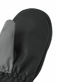 Schwarze Handschuhe aus strukturiertem synthetischem Material mit einem grauen elastischen Bündchen. Das Design hat eine abgerundete, leicht gepolsterte Form.