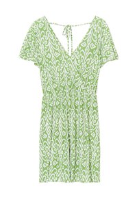 Vestido corto verde con un patrón de espirales blancas, escote en V, mangas cortas, cinturilla elástica y lazo ajustable en la parte posterior.