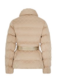 Giacca puffer beige con motivo a rombi, colletto alto e una cintura rimovibile in tono oro con dettagli del logo. Tessuto morbido e liscio.