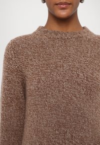 Gros plan sur une personne portant un pull en laine tricotée marron et beige avec un col rond côtelé sur un fond blanc.
