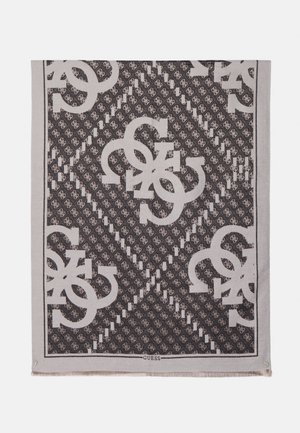 Woven Schale in Grau und Schwarz mit großen Monogramm-Logos, komplizierten Diamantmustern und fransigen Kanten. Markenlabel in der unteren Mitte.