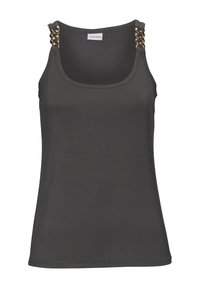 Gray tank top with a rounded neckline, featuring gold chain accents on the shoulder straps. Made of smooth, stretchable fabric.