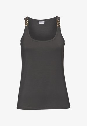 Top de tirantes gris con escote redondeado, con acentos de cadena dorada en las correas de los hombros. Fabricado en un tejido liso y elástico.