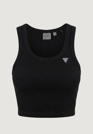 Černý proužkovaný krátký top s kulatým výstřihem a malým trojúhelníkovým logem z kamínků na levé straně hrudi, s nápisem Guess uvnitř límce.