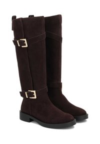 Brown suede knee-high boots with a matte finish, featuring two gold-tone buckle accents and a low, sturdy black heel.
